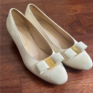 Salvatore Ferragamo Ivory Flats with Gold Accent